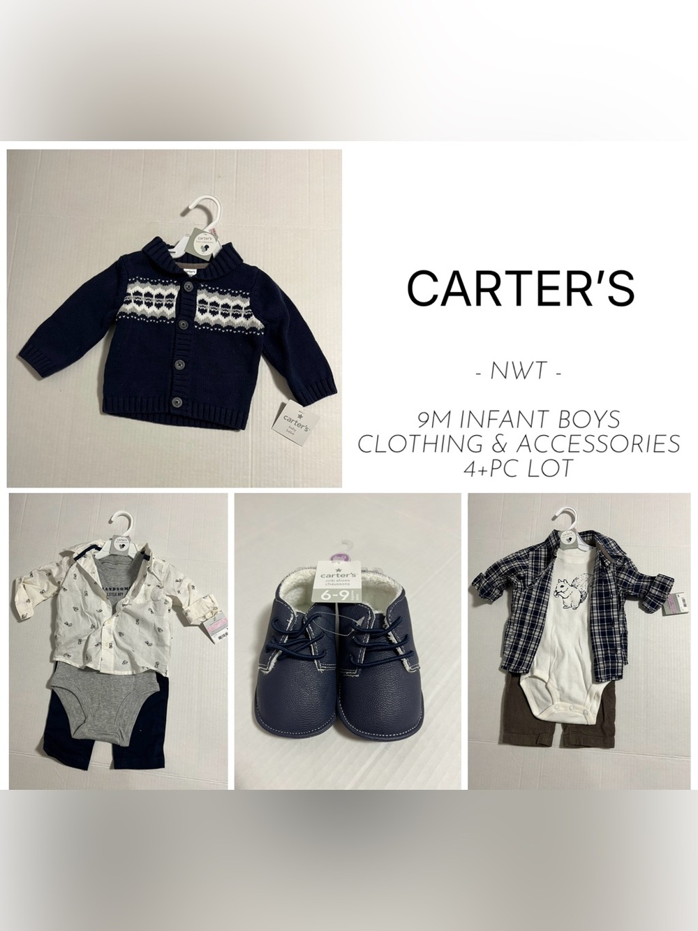 CARTER’S - 9M - NWT - 4+PC INFANT BOYS SQUIRREL KNIT CLOTHING & ACCESSORIES LOT